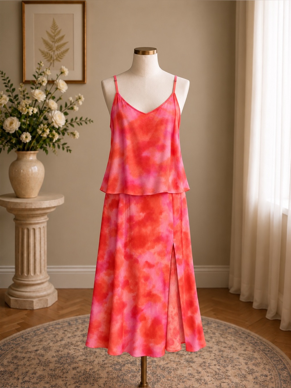 NWT Leith Coral Calypso Cami & Slit Midi Skirt Set Pink Orange Medium